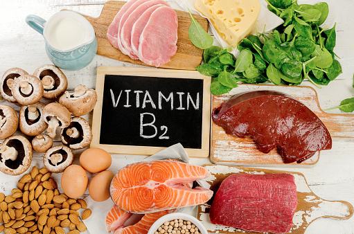 Foods Highest in Vitamin B2 (Riboflavin). Healthy eating. Flat lay