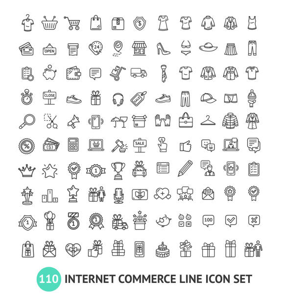 illustrazioni stock, clip art, cartoni animati e icone di tendenza di e-commerce shopping signs black thin line icon set. vettore - icon set