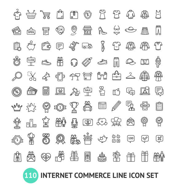 e-commerce shopping signs black thin line icon set. wektor - seo design search engine magnifying glass stock illustrations