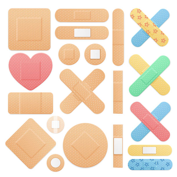 Realistic Detailed 3d Color Aid Band Plaster Medical Patch Set. Vector Realistic Detailed 3d Color Aid Band Plaster Medical Patch Set on a White. Vector illustration of Sticky Note adhesive bandage stock illustrations