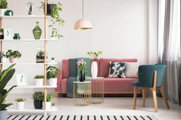 Real photo of a green armchair, pink couch, gold tables with flowers and wooden rack with plants in botanic living room interior