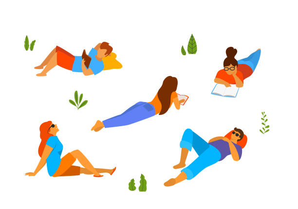 ilustrações, clipart, desenhos animados e ícones de conjunto de jovens de relaxamento deitado dormindo, ficando um resto de livros de leitura no parque - resting relaxation book break