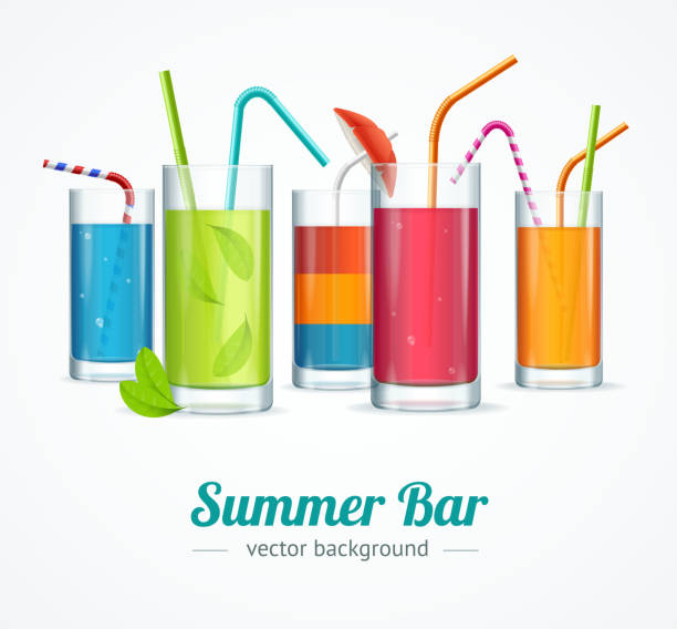 ilustrações, clipart, desenhos animados e ícones de bar de verão e óculos cocktail conceito cartão poster. vector - refreshment drink drinking straw cocktail