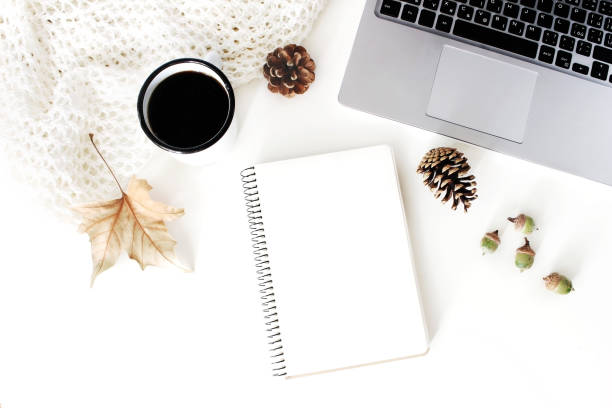 istock Autumn, fall workspace composition. Notebook mock-up scene. Cup of coffee, wool blanket, autumn leaves, pine cones, acorns and laptop on white table background. Flat lay, top view. Blogger design. 1022140720