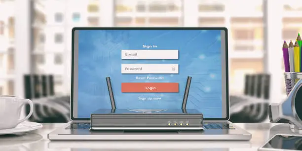 Photo of Wifi router on a laptop - office background. 3d illustration