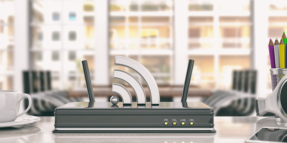 Black wifi router in an office background. 3d illustration