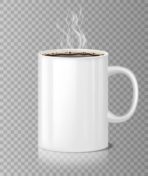 kaffee oder tee tasse modell mit weißem dampf isoliert. schwarzen kaffee in keramik tasse, morgen leer realistische becher. vektor-illustration - black coffee illustrations stock-grafiken, -clipart, -cartoons und -symbole