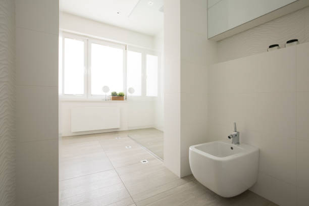 istock Toilet in white spacious bathroom interior with windows. Real photo 1022147788