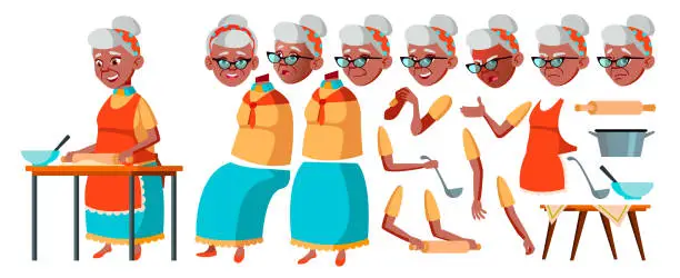 Vector illustration of Old Woman Vector. Senior Person Portrait. Elderly People. Aged. Black. Afro American. Animation Creation Set. Face Emotions, Gestures. Comic Pensioner. Lifestyle. Animated. Cartoon Illustration