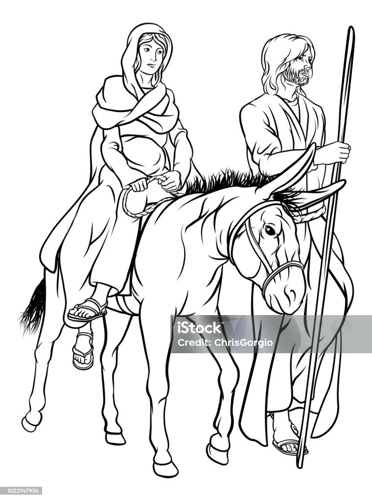 Nativity Mary and Joseph Christmas Illustration Religious Christian Nativity Christmas illustration of Joseph and Virgin Mary mother of Jesus riding a donkey on their journey in the desert Virgin Mary stock vector