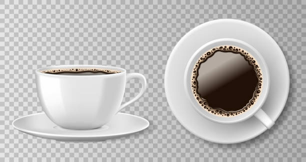 illustrations, cliparts, dessins animés et icônes de vue supérieure réaliste café tasse isolée sur fond transparent. blanc blanc tasse avec café noir et une soucoupe. illustration vectorielle - coffee cup black coffee isolated