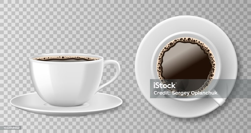 Realistic coffee cup top view isolated on transparent background. White blank mug with black coffee and saucer. Vector illustration Realistic coffee cup top view isolated on transparent background. White blank mug with black coffee and saucer. Vector illustration EPS 10 Coffee - Drink stock vector