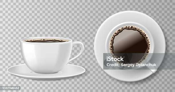 Realistic Coffee Cup Top View Isolated On Transparent Background White Blank Mug With Black Coffee And Saucer Vector Illustration Stock Illustration - Download Image Now