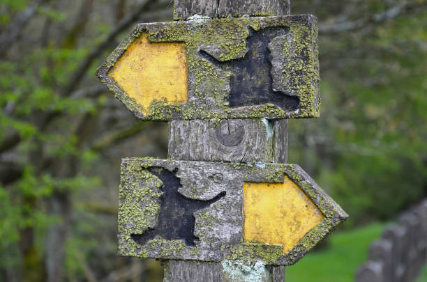 Confusing information Moss-covered wooden signs along the Pendle Witches Trail in Lancashire with witches silhouettes conveying contradictory information lancashire stock pictures, royalty-free photos & images