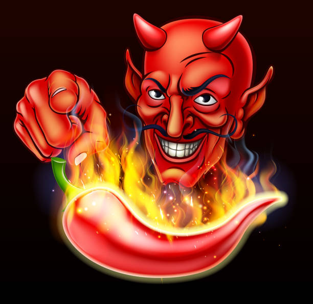 flammende hot pepper und zeigt teufel - devil chili stock-grafiken, -clipart, -cartoons und -symbole