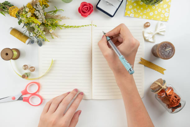 istock Flat lay of writing memories and emotions into diary. 1022149052