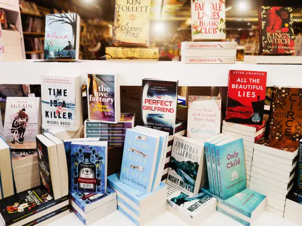A group of modern fiction books is on display in a book store window.