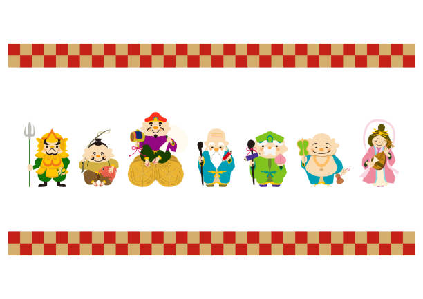 God of happiness of the Orient. Happy God clip art. Illustration of the god of happiness of the New Year. Illustration of New Year 's good luck image. Clip art for New Year's cards. Lucky God's clip art of Japan. Chinese lucky God clip art. Illustration of New Year 's good luck image. hotei the god of happiness stock illustrations