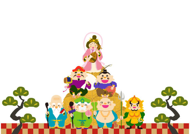 God of happiness of the Orient. Happy God clip art. Illustration of the god of happiness of the New Year. Illustration of New Year 's good luck image. Clip art for New Year's cards. Lucky God's clip art of Japan. Chinese lucky God clip art. Illustration of New Year 's good luck image. hotei the god of happiness stock illustrations