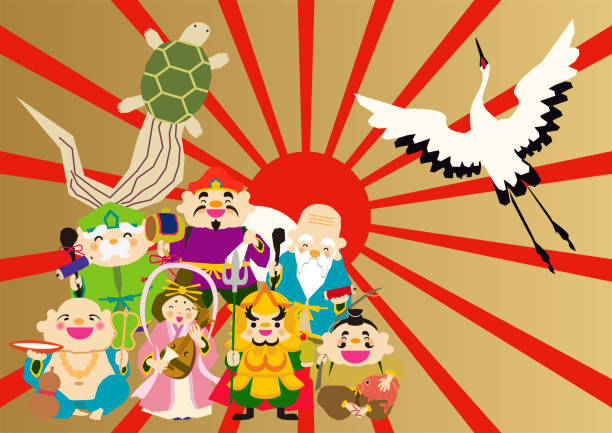 God of happiness of the Orient. Happy God clip art. Illustration of the god of happiness of the New Year. Illustration of New Year 's good luck image. Clip art for New Year's cards. Lucky God's clip art of Japan. Chinese lucky God clip art. Illustration of New Year 's good luck image. hotei the god of happiness stock illustrations