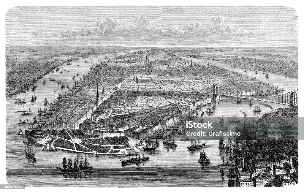 New York City aerial view of Manhattan Long Island along the Hudson River 1876 Engraving showing the city of New York City located along the Hudson River in the U.S. state of New York
Original edition from my own archives
Source : Illustrierte Welt 1876 now in public domain 1876 stock illustration