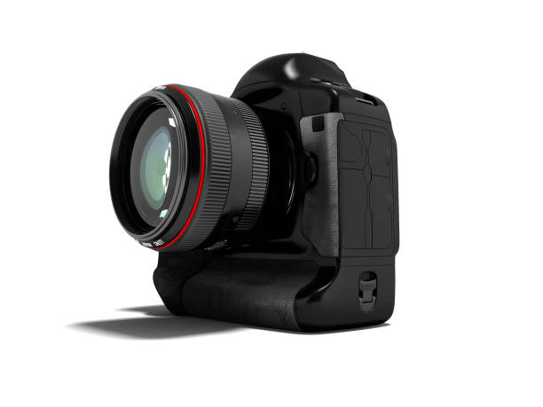 istock Modern black camera with red insert for professional shooting 3D render on white background with shadow 1022187188