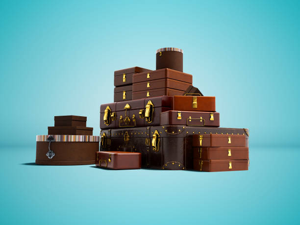 istock Leather suitcases and boxes for moving or traveling 3D render on blue background with shadow 1022187194