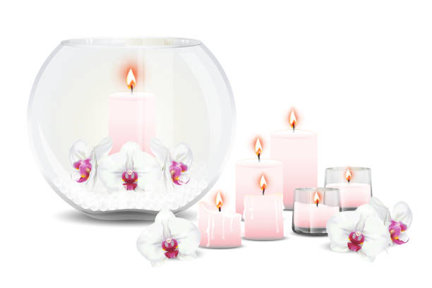 bubble vase with orchids and candle Bubble vase decorated with phalaenopsis orchids or moth orchid flowers, crystal balls and candles with flame. Vector illustrator on white background. pink memorial candle with flowers stock illustrations