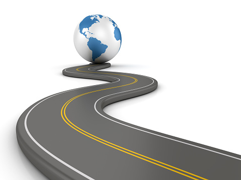 Winding 3D Road with Globe World - White Background - 3D Rendering