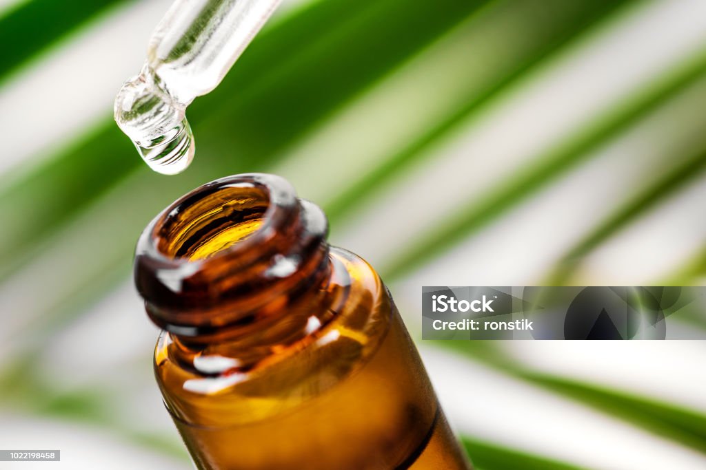 herbal essence. alternative medicine. essential oil dropping from pipette to the bottle Tea Tree Oil Stock Photo