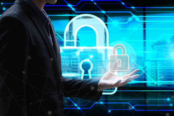istock Double exposure of Businessman hand holding interface padlock over the Network connection 1022202356