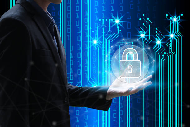 istock Double exposure of Businessman hand holding interface padlock over the Network connection 1022202386