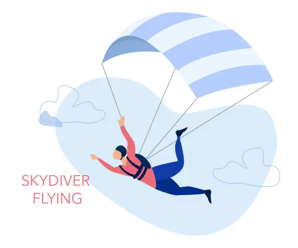 Vector illustration of Skydiving and leisure activity concept. Skydiver flying with a parachute.