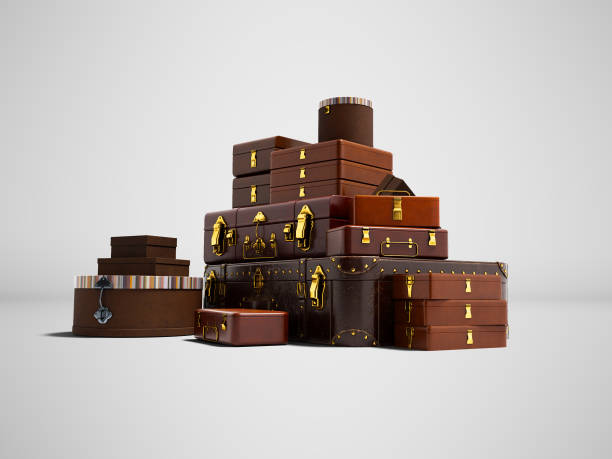 istock Leather suitcases and boxes for moving or traveling 3D render on gray background with shadow 1022208064