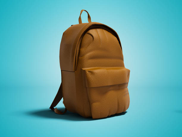 istock Modern brown leather backpack in school for children and teens right view 3D render on blue background with shadow 1022208744