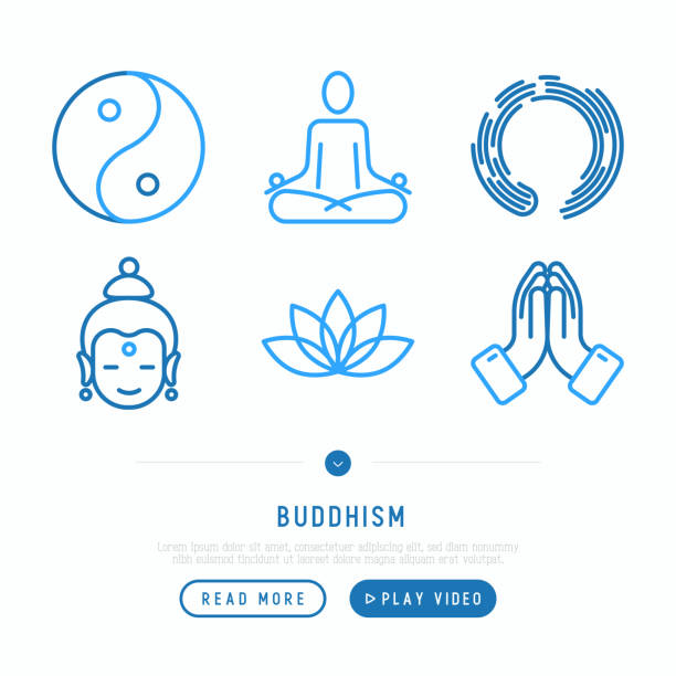 illustrazioni stock, clip art, cartoni animati e icone di tendenza di set di icone della linea sottile del buddismo: yoga, meditazione, buddha, yin-yang. illustrazione vettoriale moderna. - buddha image