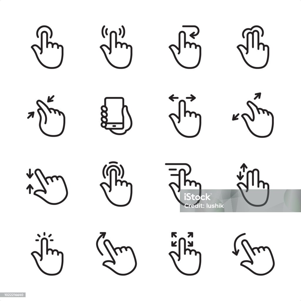 Gesti touch screen - set di icone del contorno - arte vettoriale royalty-free di Icona