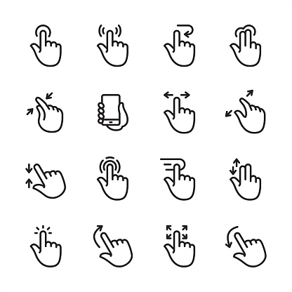 16 line black on white icons / Set #61
Pixel Perfect Principle - all the icons are designed in 48x48pх square, outline stroke 2px.

First row of outline icons contains: 
Tap Button, Press Gesture, Undo Gesture, Multi-Finger Tap Gesture;

Second row contains: 
Zoom in Gesture, Holding Mobile Phone, Sliding, Zoom Out Gesture;

Third row contains: 
Pinch, Tapping, Dragging, Double Finger Scroll; 

Fourth row contains: 
Tap (Click), Flick Up, Drag Gesture, Flick Down.

Complete Inlinico collection - https://www.istockphoto.com/collaboration/boards/2MS6Qck-_UuiVTh288h3fQ