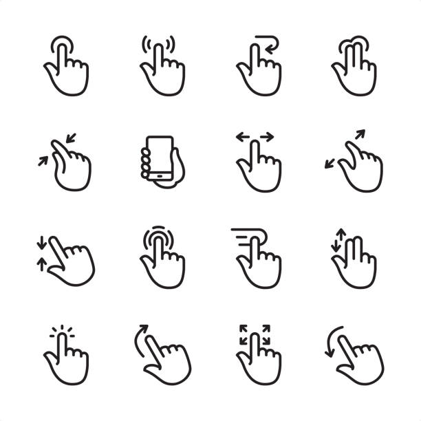 Touch Screen Gestures - outline icon set 16 line black on white icons / Set #61
Pixel Perfect Principle - all the icons are designed in 48x48pх square, outline stroke 2px.

First row of outline icons contains: 
Tap Button, Press Gesture, Undo Gesture, Multi-Finger Tap Gesture;

Second row contains: 
Zoom in Gesture, Holding Mobile Phone, Sliding, Zoom Out Gesture;

Third row contains: 
Pinch, Tapping, Dragging, Double Finger Scroll; 

Fourth row contains: 
Tap (Click), Flick Up, Drag Gesture, Flick Down.

Complete Inlinico collection - https://www.istockphoto.com/collaboration/boards/2MS6Qck-_UuiVTh288h3fQ zoom effect illustrations stock illustrations