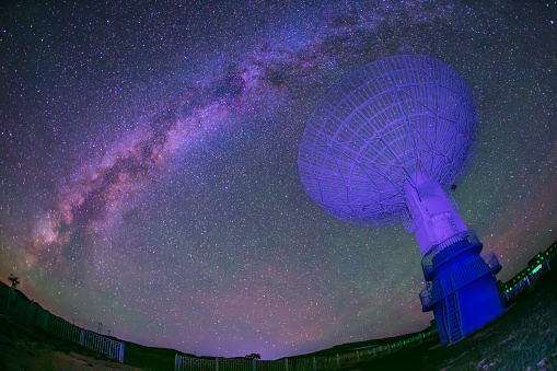 Radio telescopes and the Milky Way at night