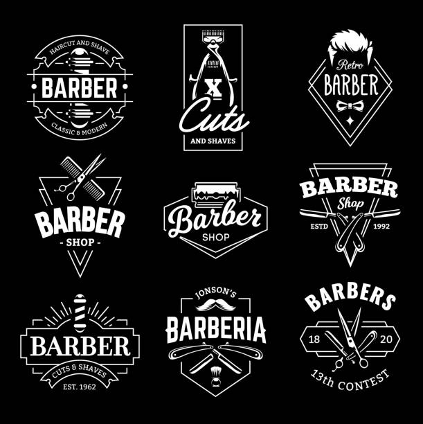 Barber Shop Vector Retro Emblems Barber Shop Retro Emblems in art deco style. Set of stylish barber logo templates. White monochrome vector art isolated on black. barber illustrations stock illustrations