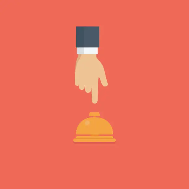 Vector illustration of Customer hand pushing hotel reception bell, Service bell illustration