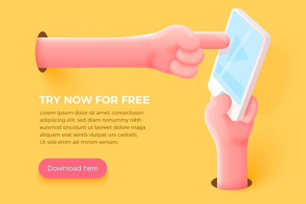 Cartoon 3d realistic hand holding cell phone Vector site banner concept - cartoon 3d realistic hand holding cell phone and other hand touch the screen, with place for your text and button. Application landing template. push button illustrations stock illustrations