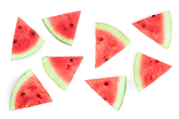 istock slices of watermelon isolated on white background. Top view. Flat lay pattern 1022225422