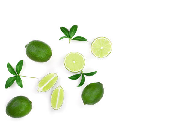 istock sliced lime vith leaves isolated on white background with copy space for your text. Top view. Flat lay pattern 1022227638
