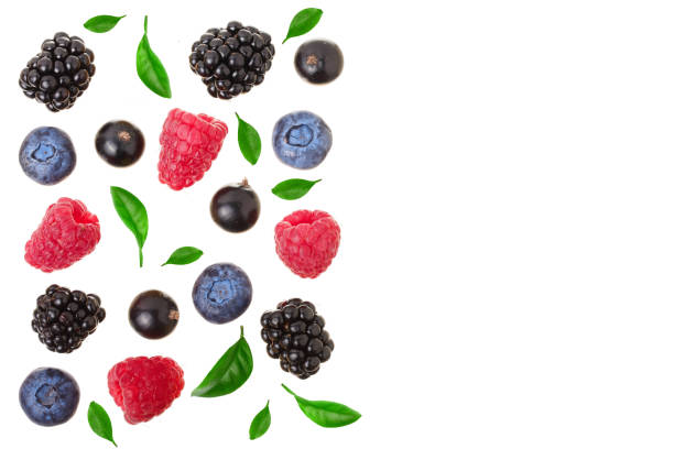 istock blackberry blueberry raspberry black currant isolated on white background with copy space for your text. Top view. Flat lay pattern 1022227786