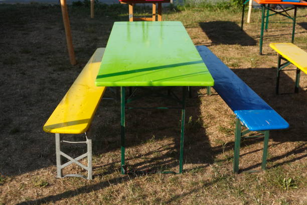 Benches and folding tables made of wood