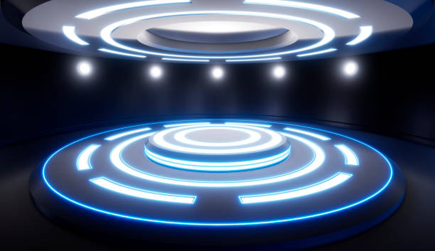 istock Abstract empty studio with pedestal and blue lighting. Futuristic round pedestal or platform for display. Sci-fi concept. 3d render. 3d visualisation. 1022234612