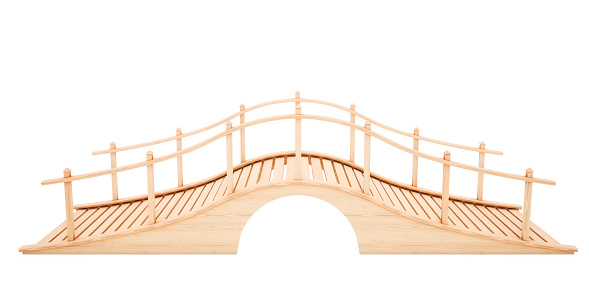 Wooden bridge isolated on white background. Slide view. 3D rendering illustration