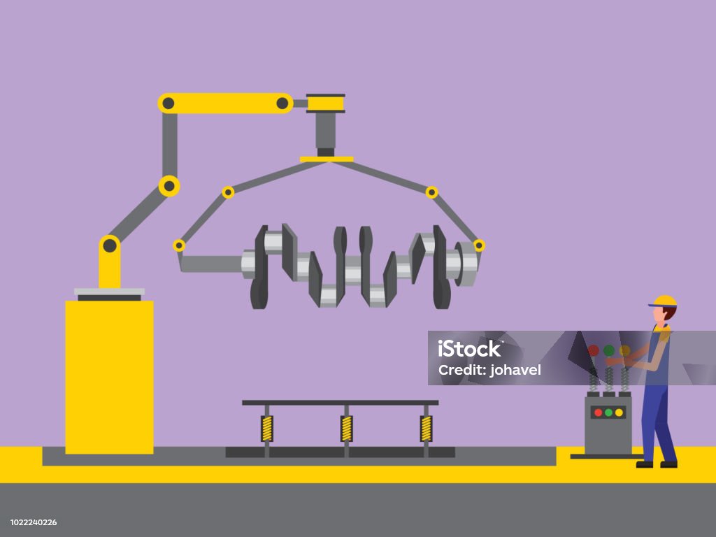 Automobil-Industrie-Mechaniker mit Steuerteil Roboterarm Cam Baum - Lizenzfrei Arm - Anatomiebegriff Vektorgrafik